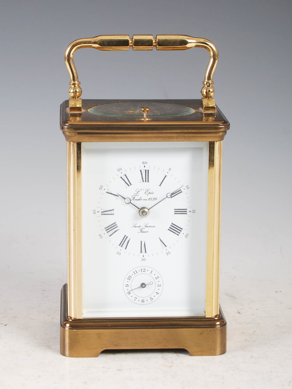 A 20th century brass cased repeater carriage clock with alarm, L' Epee, Sainte- Suzanne, France, the