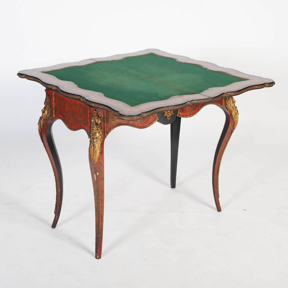 A 19th century ebonised and gilt metal mounted boulle work card table, the hinged revolving - Image 8 of 12