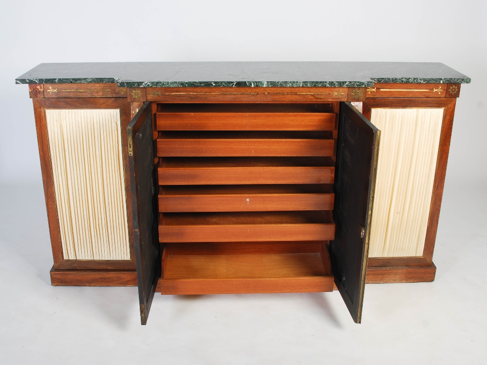 A 19th century rosewood and brass inlaid breakfront side cabinet, the mottled green, black and white - Image 4 of 11