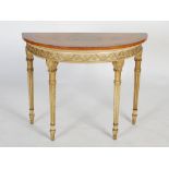 A 19th century painted satinwood demi lune console table, the shaped top painted with oval panel