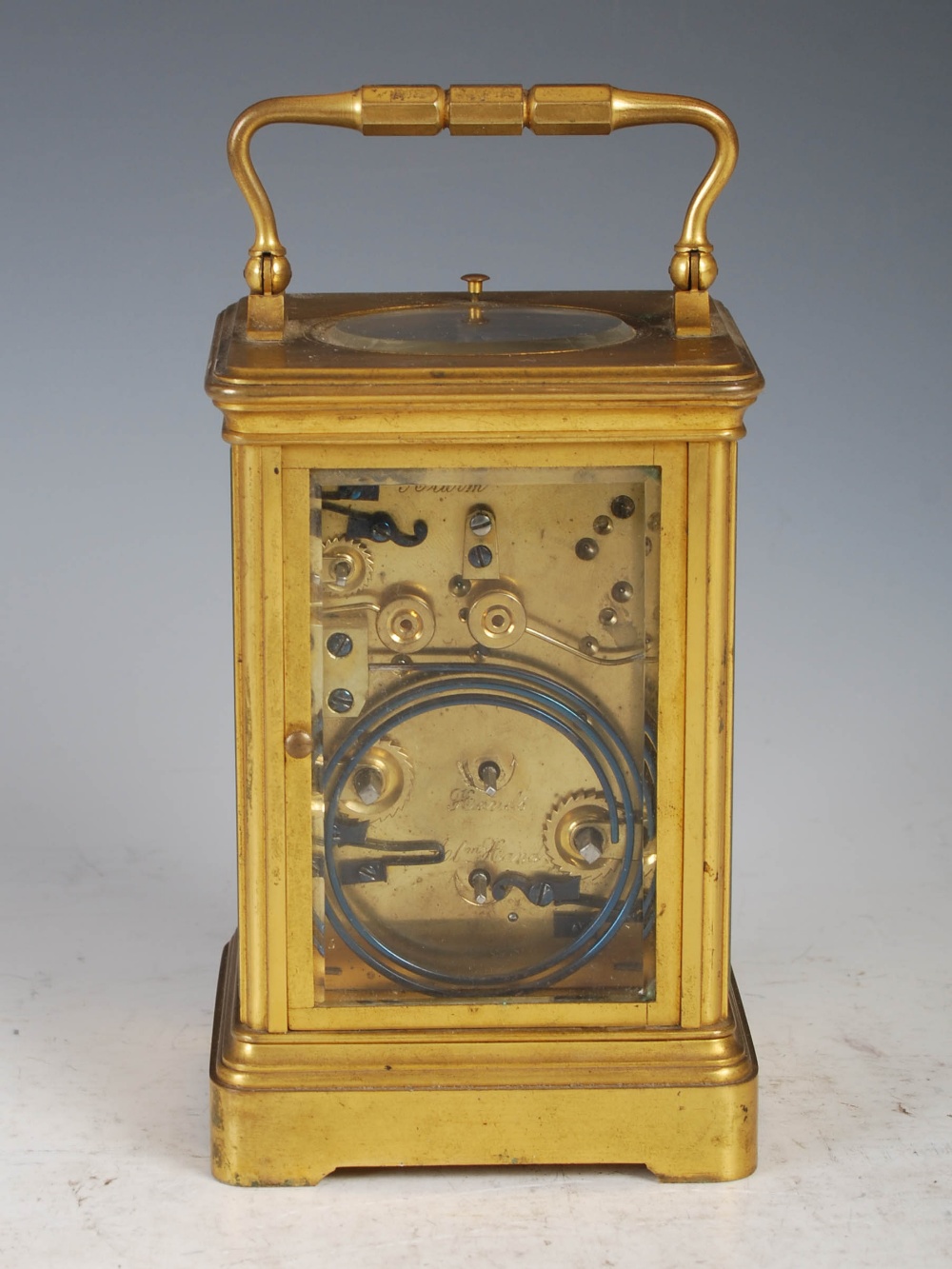 A 19th century brass cased repeater carriage clock with alarm, the white enamel dial with Arabic and - Image 3 of 12