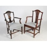 Two George III style Hepplewhite style elbow chairs, one with shield shaped back and blue