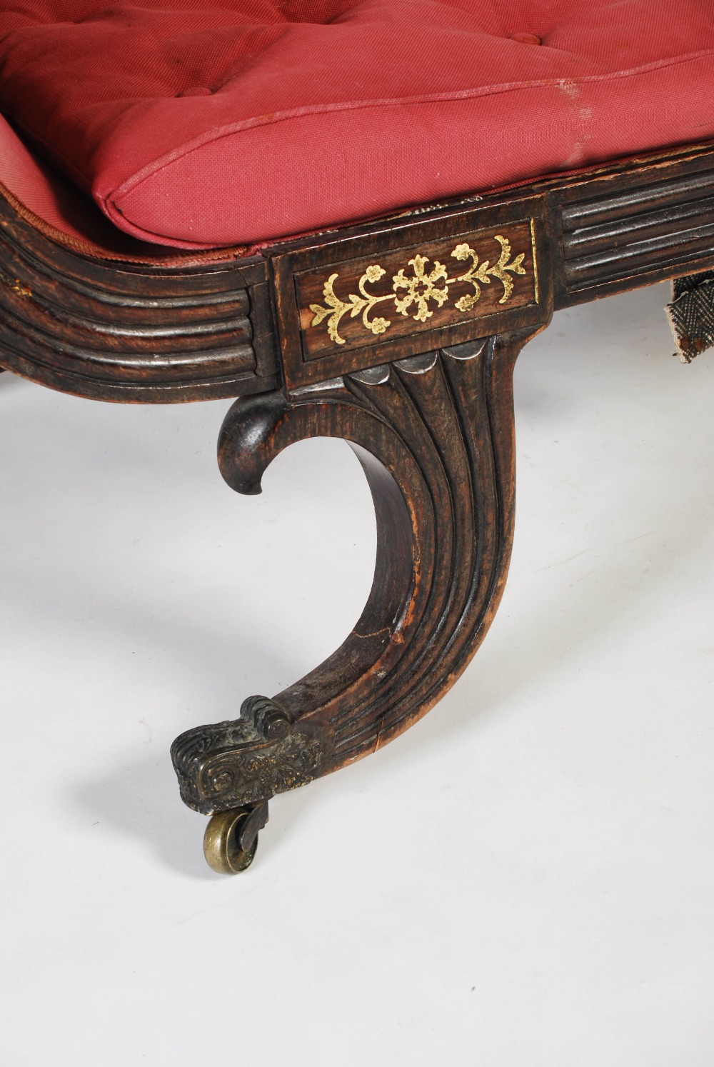 A Regency mahogany and brass inlaid sofa, the scroll carved top rail above an upholstered back and - Image 3 of 13