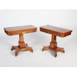 A pair of 19th century rosewood and brass inlaid pedestal card tables, the hinged rectangular tops