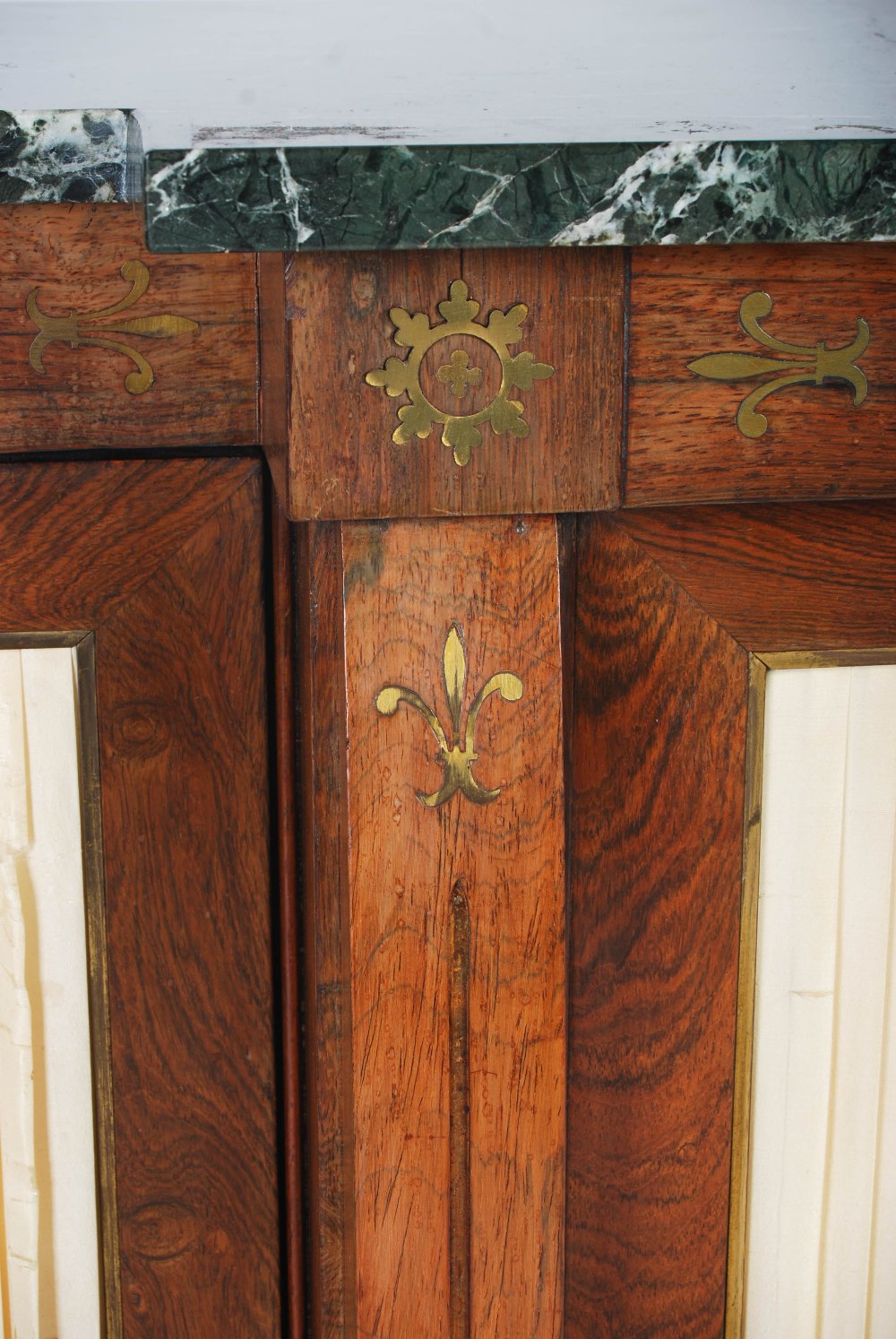 A 19th century rosewood and brass inlaid breakfront side cabinet, the mottled green, black and white - Image 5 of 11