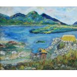 L. O' Donovan Shiell (Irish 20th century) Coastal scene with figures, cart and donkey oil on canvas,