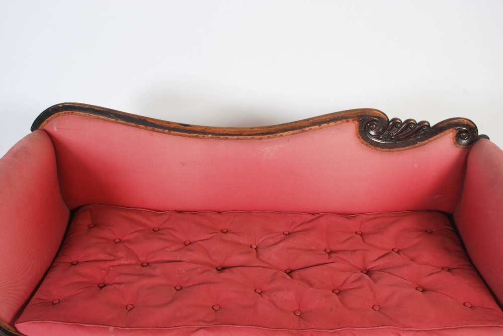 A Regency mahogany and brass inlaid sofa, the scroll carved top rail above an upholstered back and - Image 5 of 13