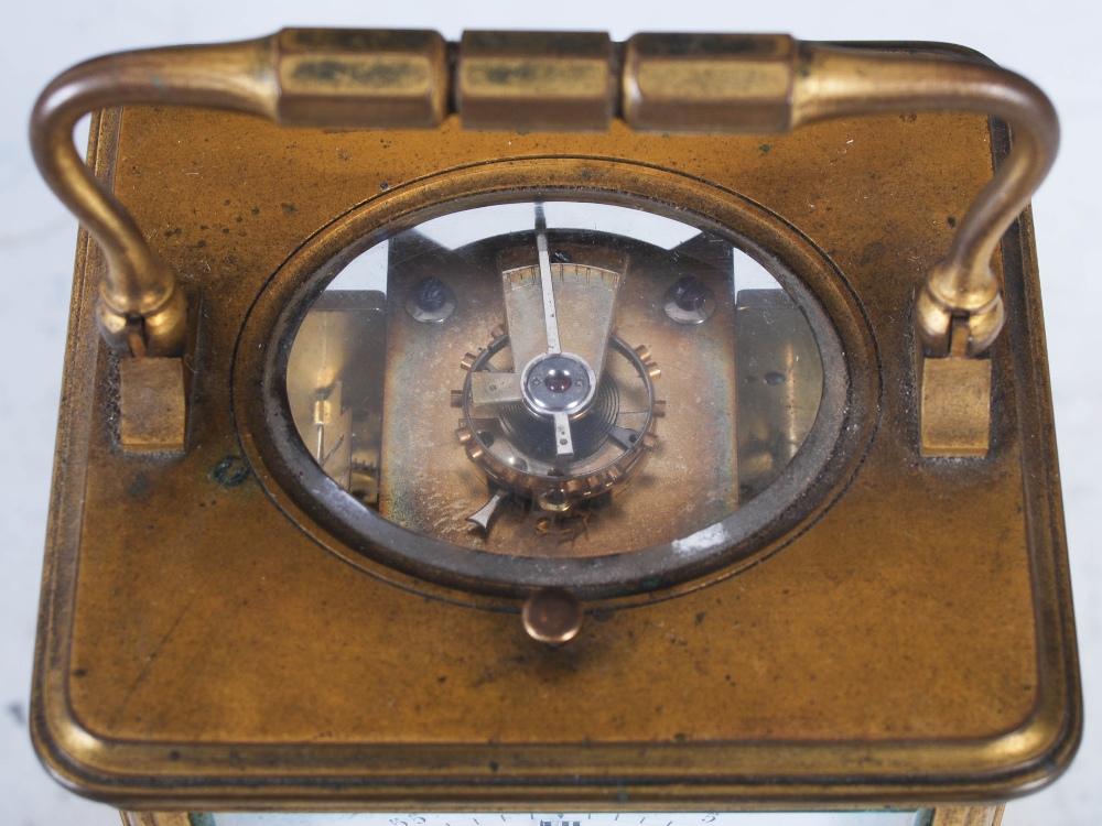 A 19th century brass cased repeater carriage clock with alarm, the white enamel dial with Arabic and - Image 12 of 12