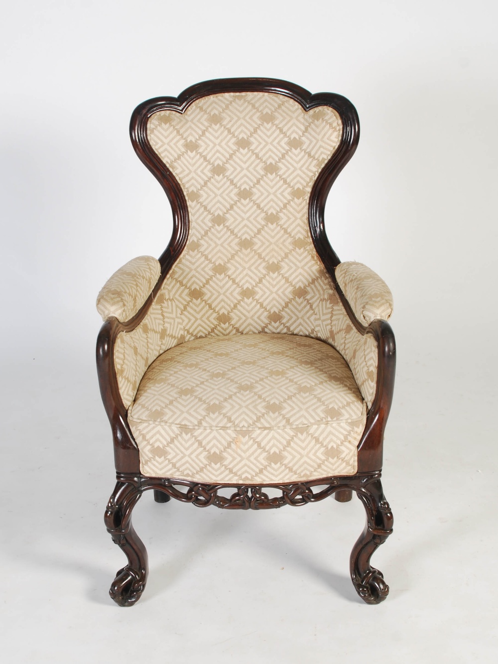 A pair of Chinese dark wood upholstered armchairs, Qing Dynasty, the shaped back, arms and stuffover - Image 2 of 8