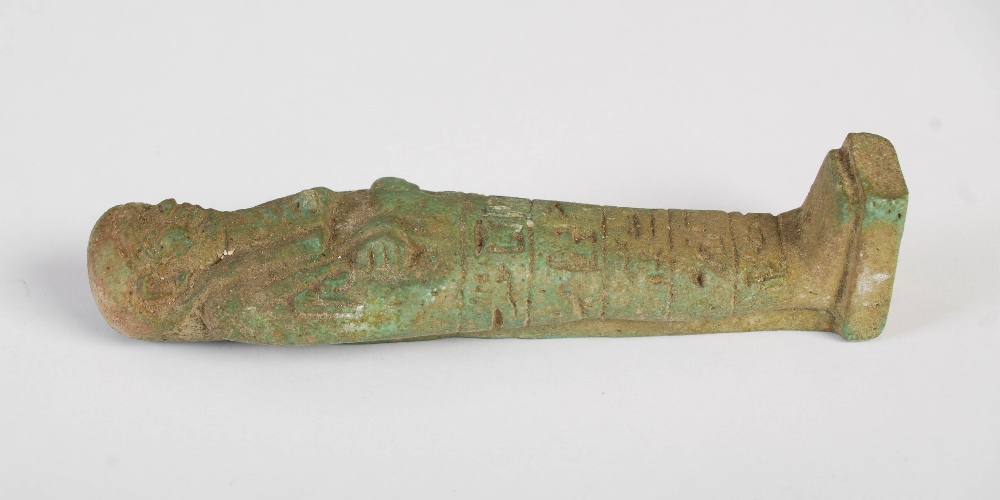 Antiquities- An Ancient Egyptian green glazed faience shabti, circa Late Period, with incised - Image 3 of 6