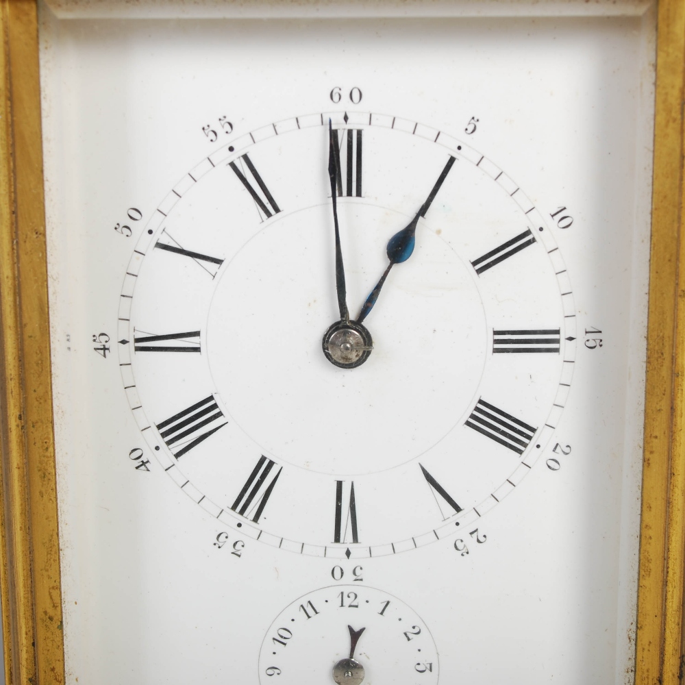 A 19th century brass cased repeater carriage clock with alarm, the white enamel dial with Arabic and - Image 5 of 12