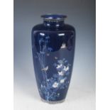 Hayashi Kodenji, a blue ground silver and gold wire work cloisonne vase, Meiji Period, decorated