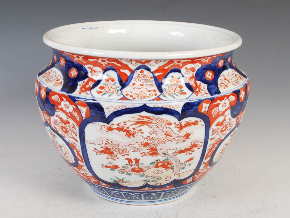 A late 19th/early 20th century Japanese Imari porcelain jardiniere, decorated with rectangular