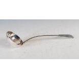 A George IV silver soup ladle, Edinburgh, 1828, makers mark of JMc., fiddle pattern, engraved with