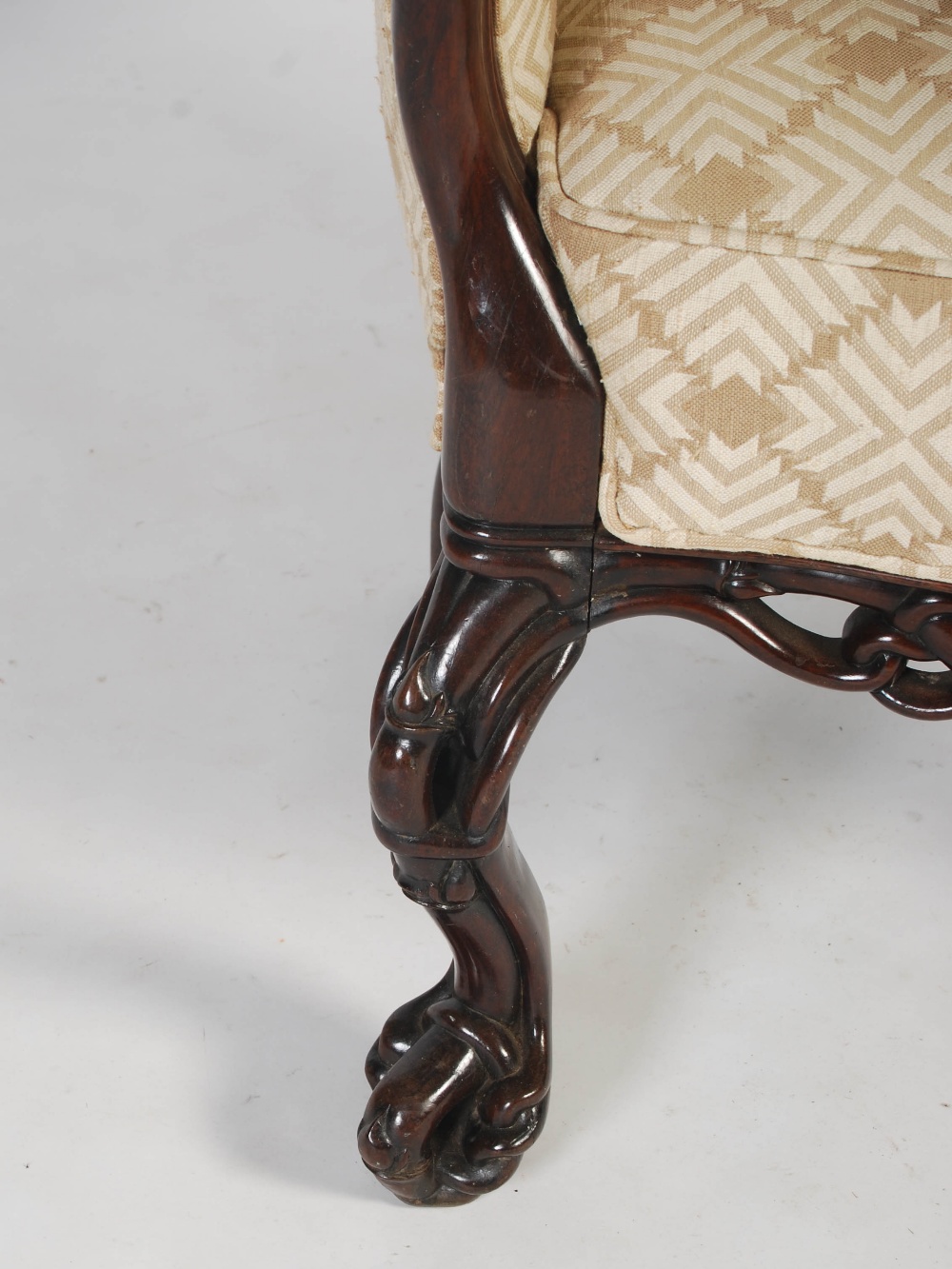 A pair of Chinese dark wood upholstered armchairs, Qing Dynasty, the shaped back, arms and stuffover - Image 3 of 8