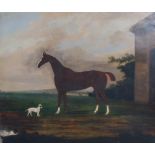 18th/ 19th century British School Portrait of a Hunter and dog oil on canvas 63cm x 76.5cm