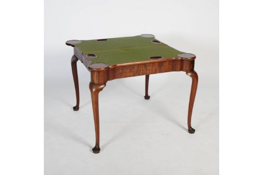 A George III mahogany concertina action card table, the hinged rectangular top opening to a green - Image 4 of 6