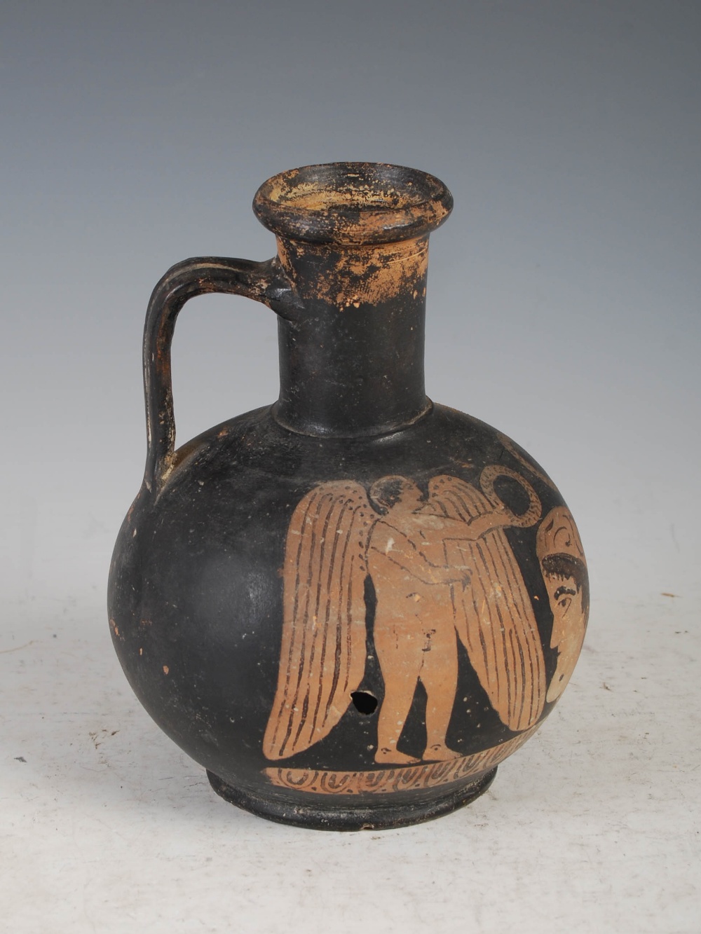 Antiquities- An Ancient Roman Attic black terracotta jug/ aryballos, decorated with central portrait - Image 4 of 14