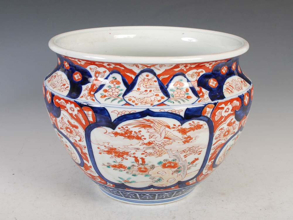 A late 19th/early 20th century Japanese Imari porcelain jardiniere, decorated with rectangular - Image 3 of 6