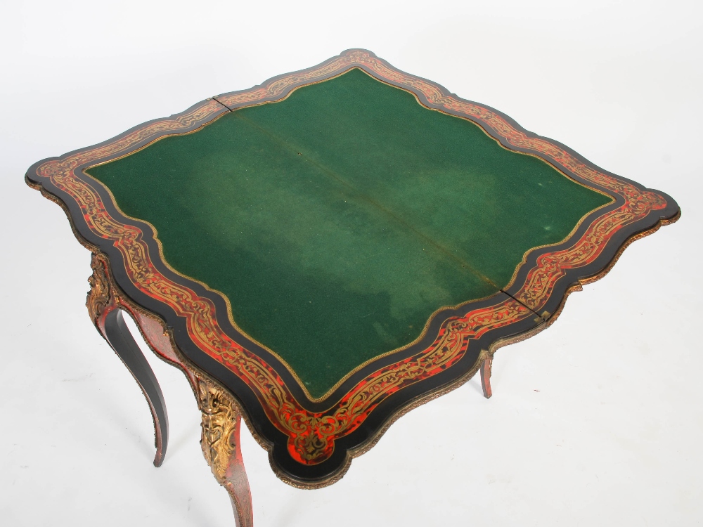 A 19th century ebonised and gilt metal mounted boulle work card table, the hinged revolving - Image 9 of 12