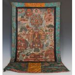 A Sino-Tibetan Thankga, painted with Buddha and immortals, in yellow and blue ground silk border,