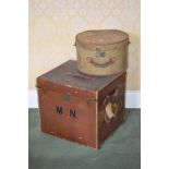A vintage canvas, leather and brass bound hat box/travelling case by Finnigans, 18 New Bond