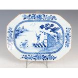 A Chinese porcelain blue and white octagonal shaped meat plate, Qing Dynasty, decorated with river