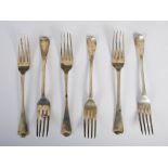 A set of six George IV silver table forks, London, 1829, four with makers mark of WT and two with