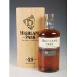 A boxed bottle of Highland Park Single Malt Scotch Whisky, aged 25 years, 45.7%vol., 70cl., in oak