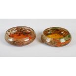Two small Monart dishes/ pin trays, shape Y, both of a similar colour, mottled green, orange and