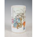 A Chinese porcelain famille rose brush pot, bearing Tongzhi seal mark, decorated with interior scene