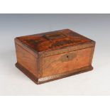 A 19th century rosewood and brass inlaid sarcophagus shaped work box, the hinged cover opening to