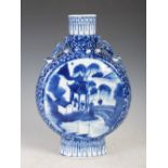 A Chinese porcelain blue and white pilgrim flask, bearing four character Kangxi mark but later,