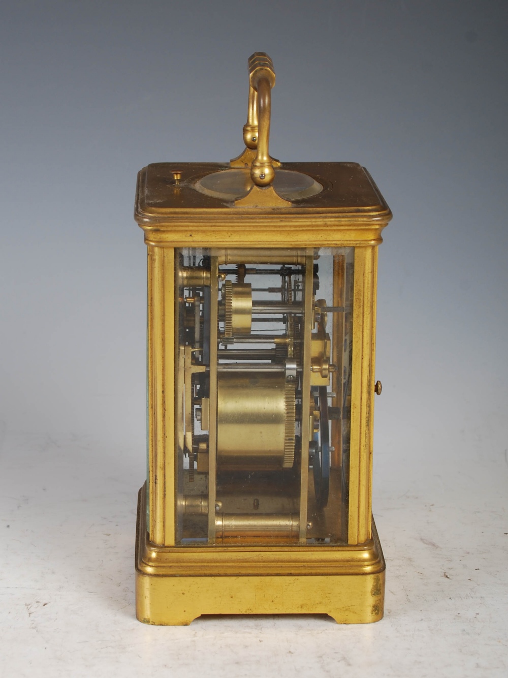 A 19th century brass cased repeater carriage clock with alarm, the white enamel dial with Arabic and - Image 2 of 12