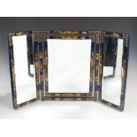 An early 20th century blue ground Chinoiserie decorated triple plate dressing table mirror, with