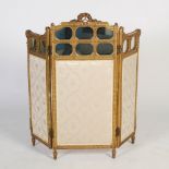 A late 19th/ early 20th century giltwood three fold screen of small size, one side with orange