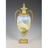 A Doulton Burslem hand painted twin handled urn and cover decorated by D. Dewsberry, decorated