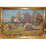 Hugh Allan (1862-1909) Summer field with hay stooks and farm workers oil on canvas, signed lower