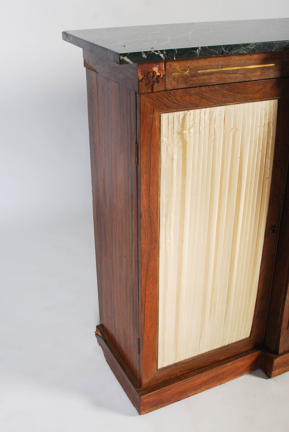 A 19th century rosewood and brass inlaid breakfront side cabinet, the mottled green, black and white - Image 3 of 11