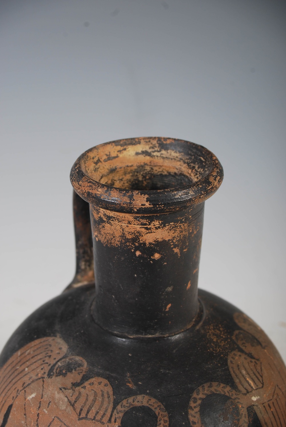 Antiquities- An Ancient Roman Attic black terracotta jug/ aryballos, decorated with central portrait - Image 5 of 14