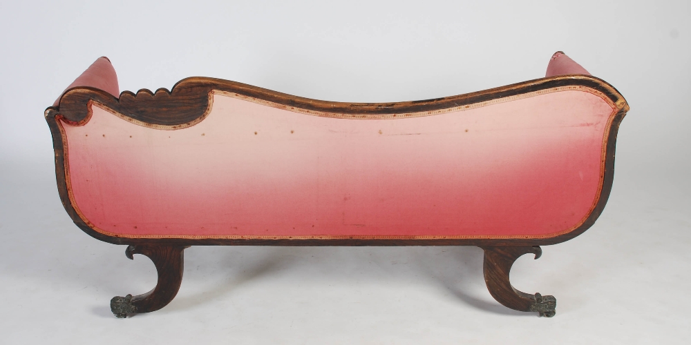 A Regency mahogany and brass inlaid sofa, the scroll carved top rail above an upholstered back and - Image 9 of 13