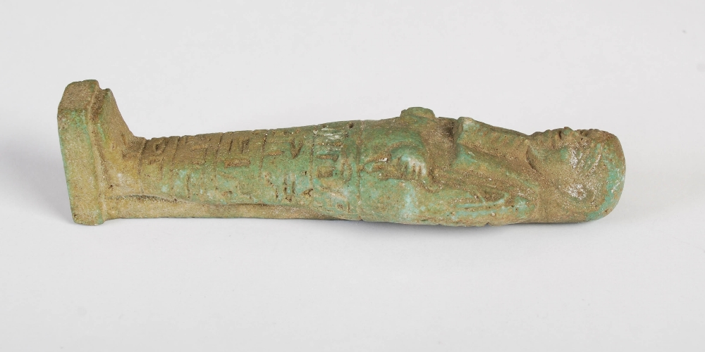 Antiquities- An Ancient Egyptian green glazed faience shabti, circa Late Period, with incised - Image 2 of 6