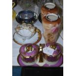 COLLECTION OF ASSORTED CERAMICS INCLUDING NORITAKE PRESERVE DISHES ON STAND, PAIR OF OVOID SHAPED