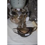 ASSORTED EP WARES INCLUDING THREE PIECE SEMI FLUTED BACHELORS TEA SERVICE, WINE FUNNEL, TWO BOTTLE