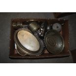TWO BOXES - ASSORTED EP WARES, BRASS EWER, GRANDMOTHER CLOCK FACE, ETC.