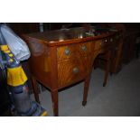 REPRODUCTION MAHOGANY INLAID GEORGIAN STYLE BOW FRONT SIDEBOARD WITH THREE FRIEZE DRAWERS AND TWO