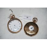 A 9CT GOLD CASED HALF HUNTER POCKET WATCH WITH WHITE ROMAN NUMERAL DIAL AND SUBSIDIARY SECONDS DIAL,