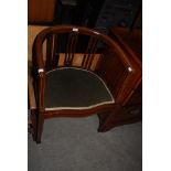 EDWARDIAN MAHOGANY HORSESHOE SHAPED SIDE CHAIR WITH STUFFOVER SEAT, SUPPORTED ON SQUARE TAPERED