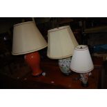 THREE CHINESE TABLE LAMPS AND SHADES