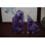 PAIR OF PURPLE, OPAQUE WHITE AND GREEN QUARTZ BOOKENDS